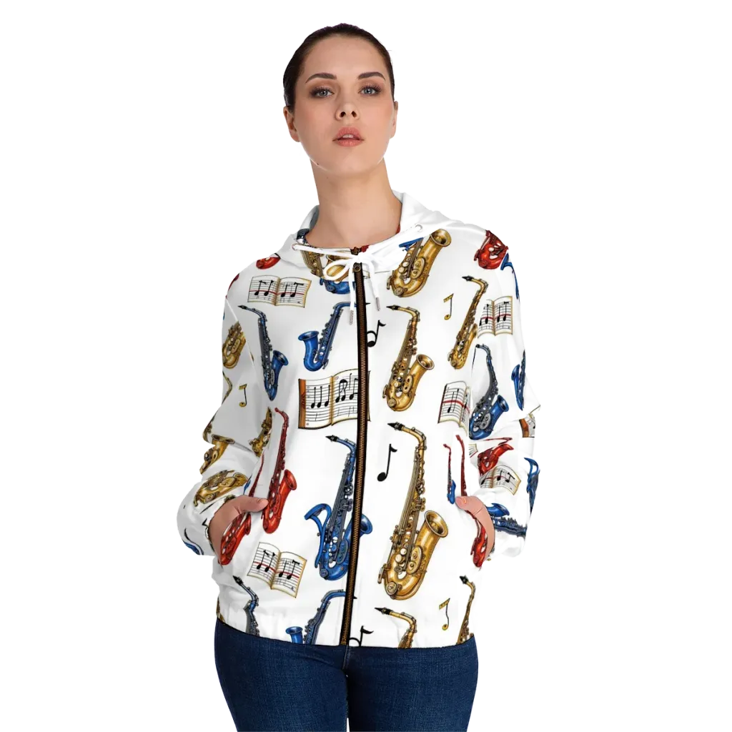 Saxophone Serenade on Women's Full-Zip Hoodie — Front On Person