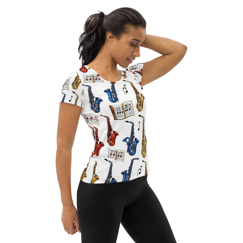 Saxophone Serenade on Women's Athletic T-Shirt — Right
