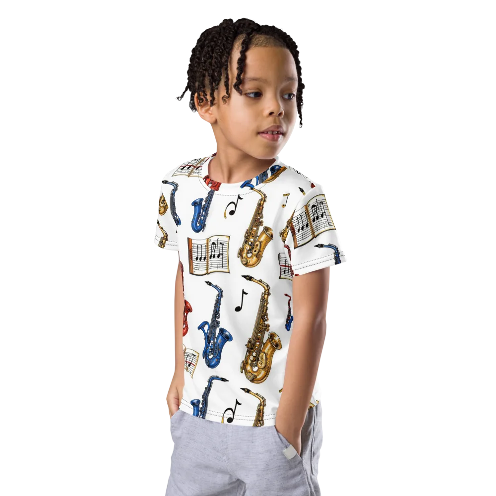 Saxophone Serenade on Kids Crew Neck T-Shirt — Left Front