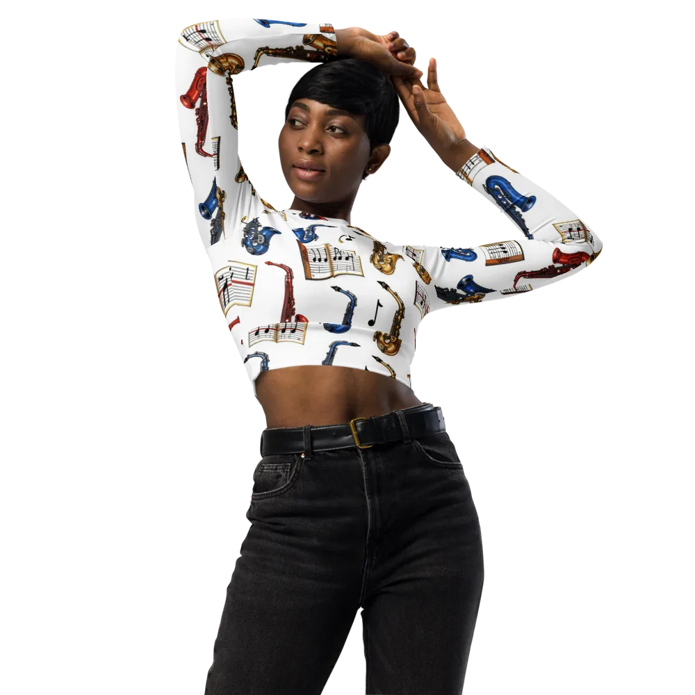 Saxophone Serenade on Long Sleeve Crop Top — Front