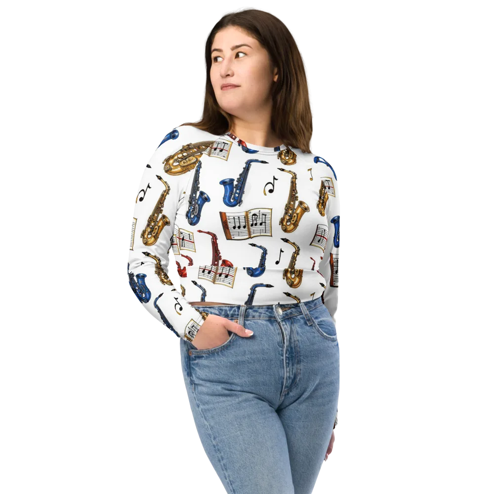 Saxophone Serenade on Long Sleeve Crop Top — Front