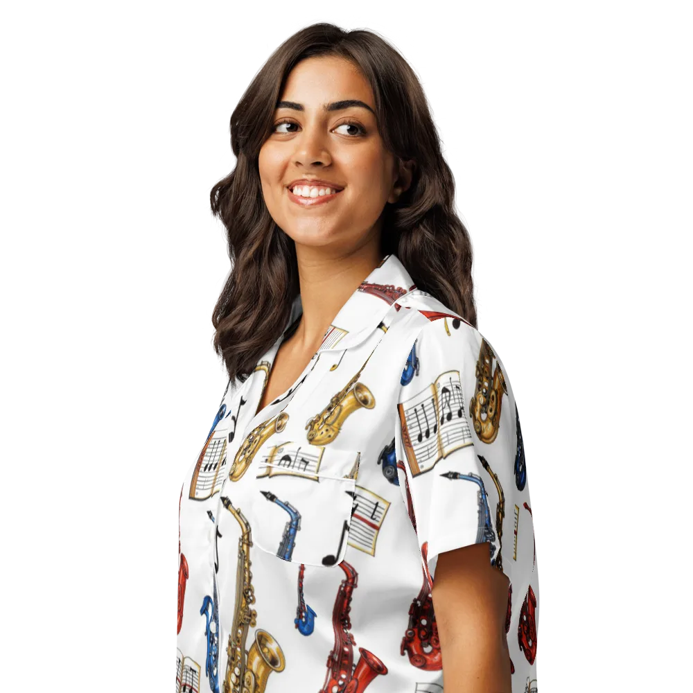 Saxophone Serenade on Women's Short Sleeve Pajama Top — Left Front