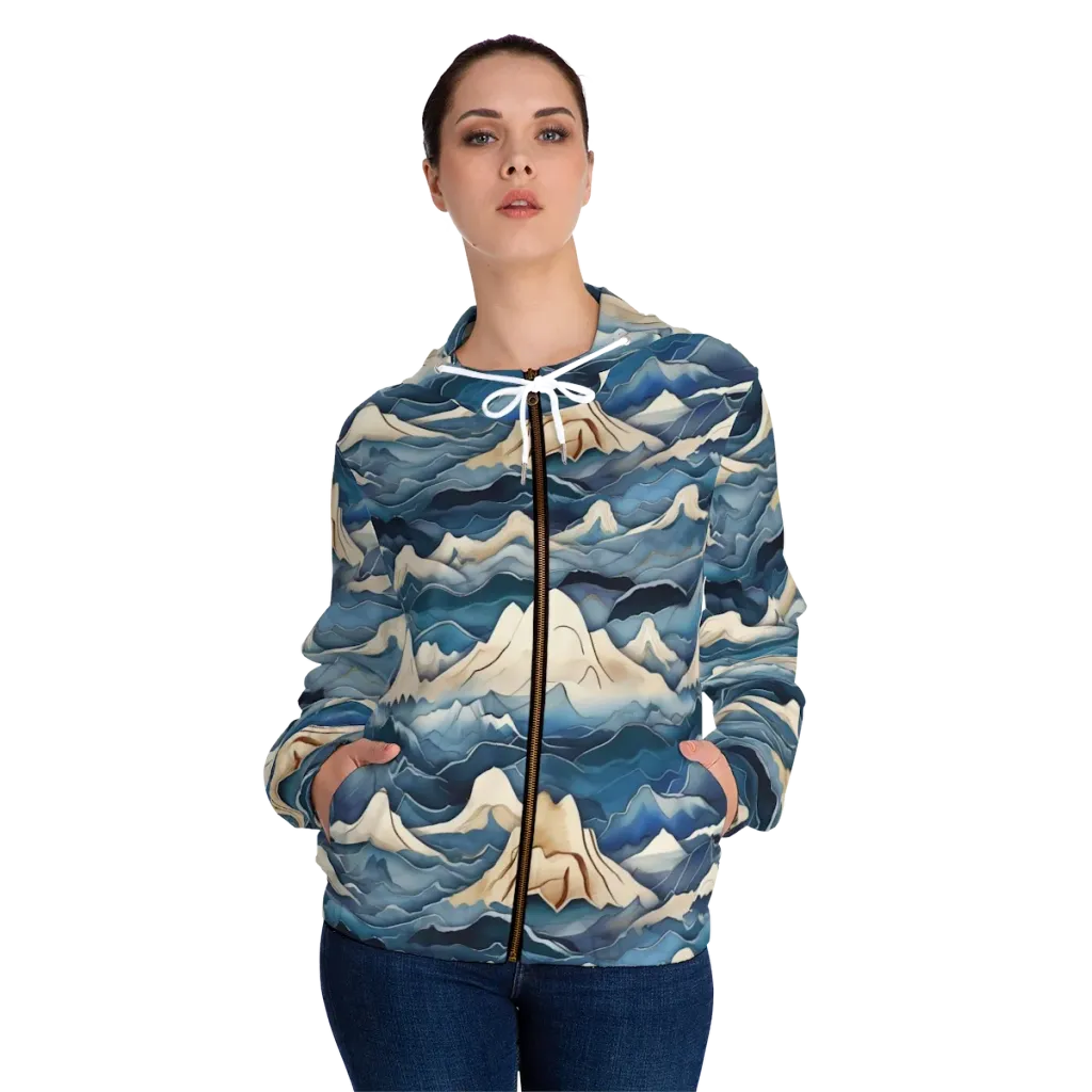 Indigo Alpine Current on Women's Full-Zip Hoodie — Front On Person
