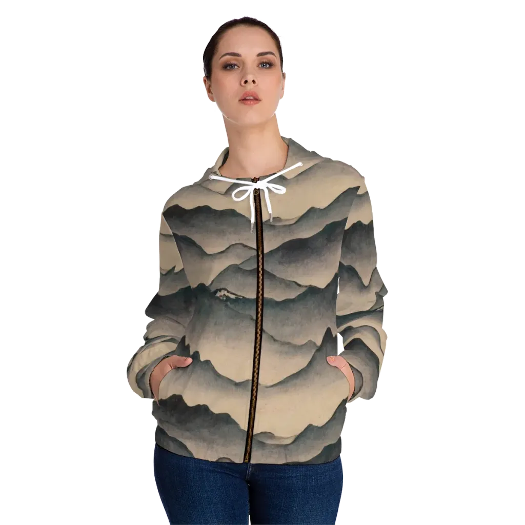 Quiet Mountains on Women's Full-Zip Hoodie — Front On Person