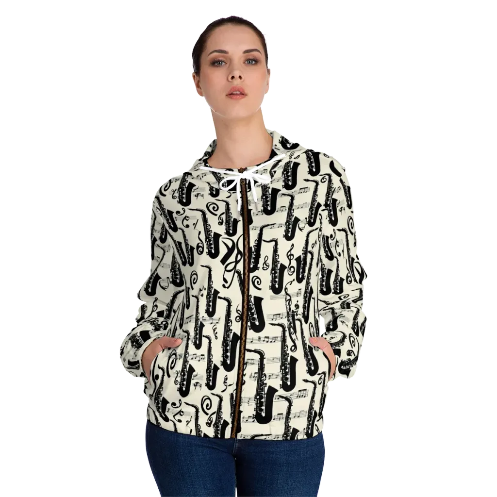 Saxophone Nocturne on Women's Full-Zip Hoodie — Front On Person