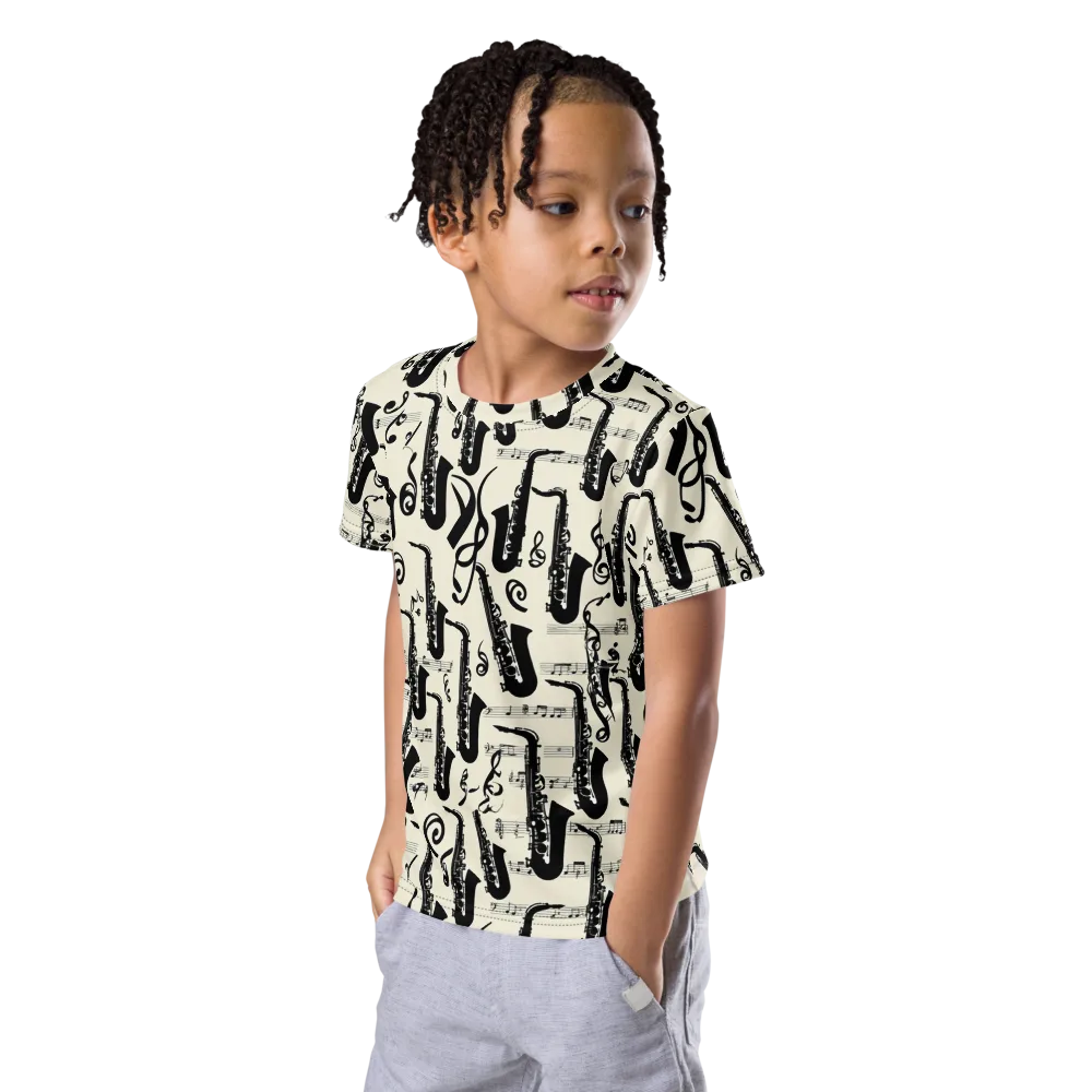 Saxophone Nocturne on Kids Crew Neck T-Shirt — Left Front