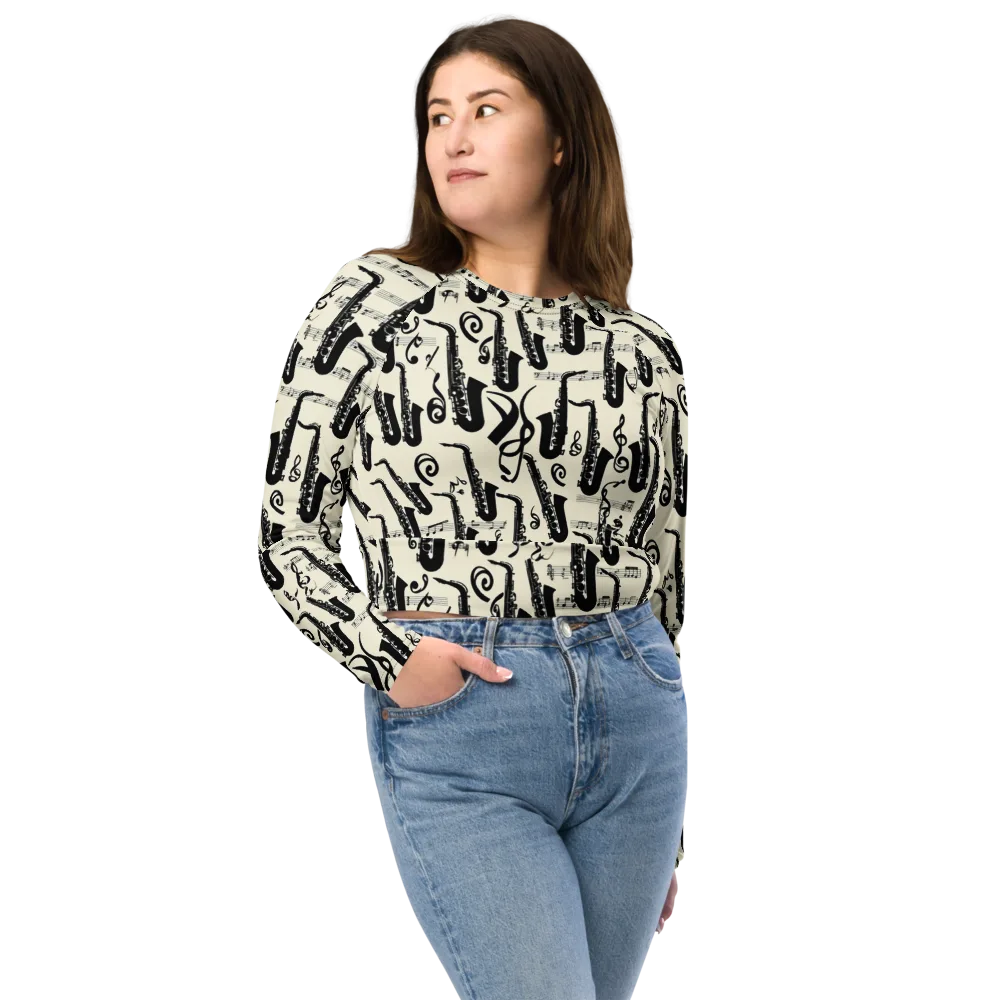 Saxophone Nocturne on Long Sleeve Crop Top — Front