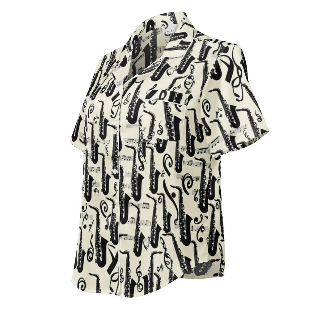 Saxophone Nocturne on Women's Short Sleeve Pajama Top — Left Front