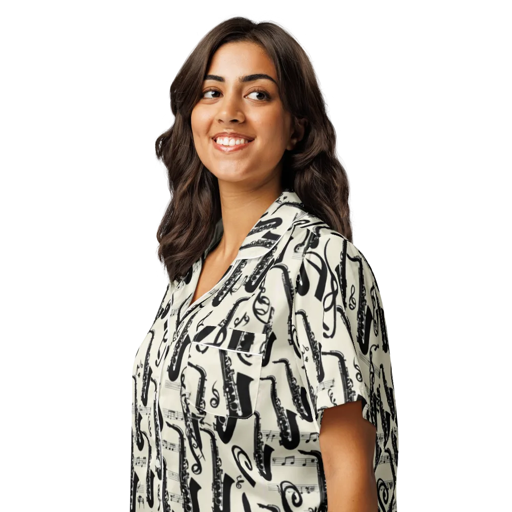 Saxophone Nocturne on Women's Short Sleeve Pajama Top — Left Front