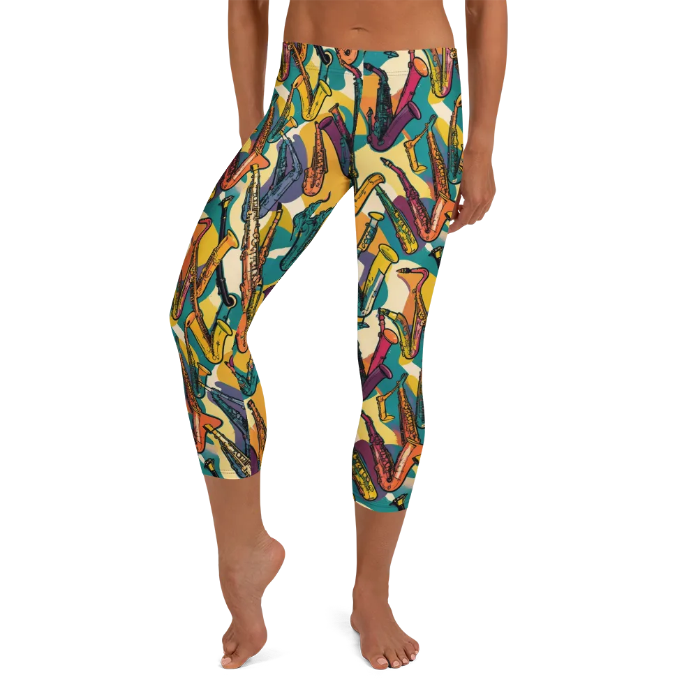 Saxophone Parade on Capri Leggings — Front