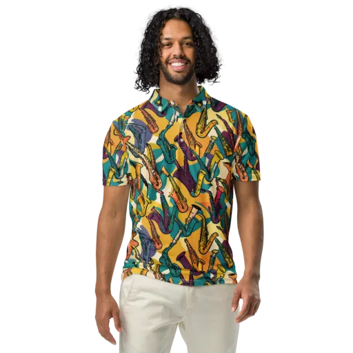 Saxophone Parade on a Men's Slim Fit Polo Shirt