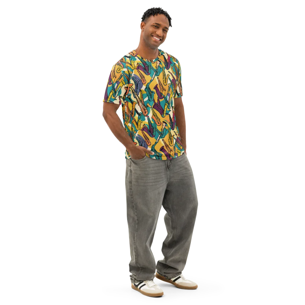 Saxophone Parade on Men's Cotton Crew Neck T-Shirt — Right Front