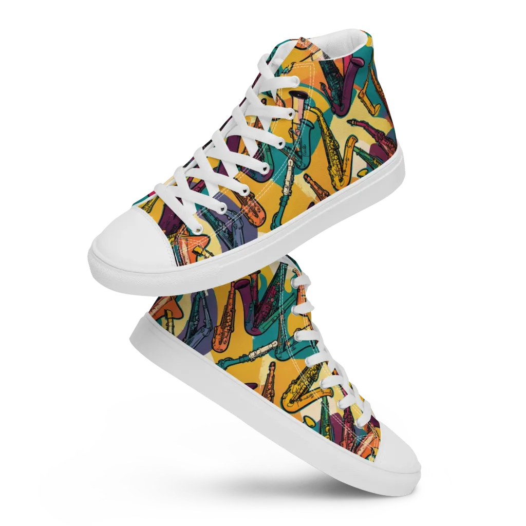 Saxophone Parade on Men's High Top Canvas Shoes — Front
