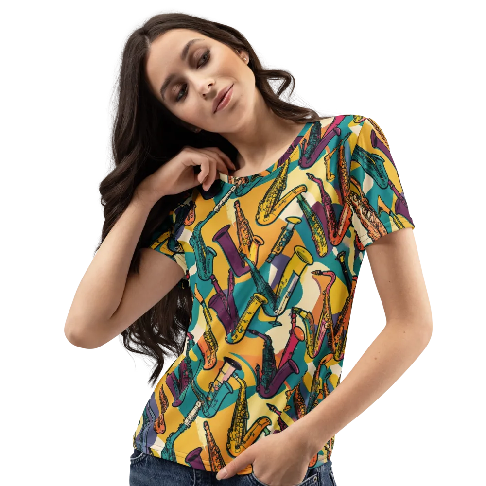 Saxophone Parade on Women's Crew Neck T-Shirt — Left Front