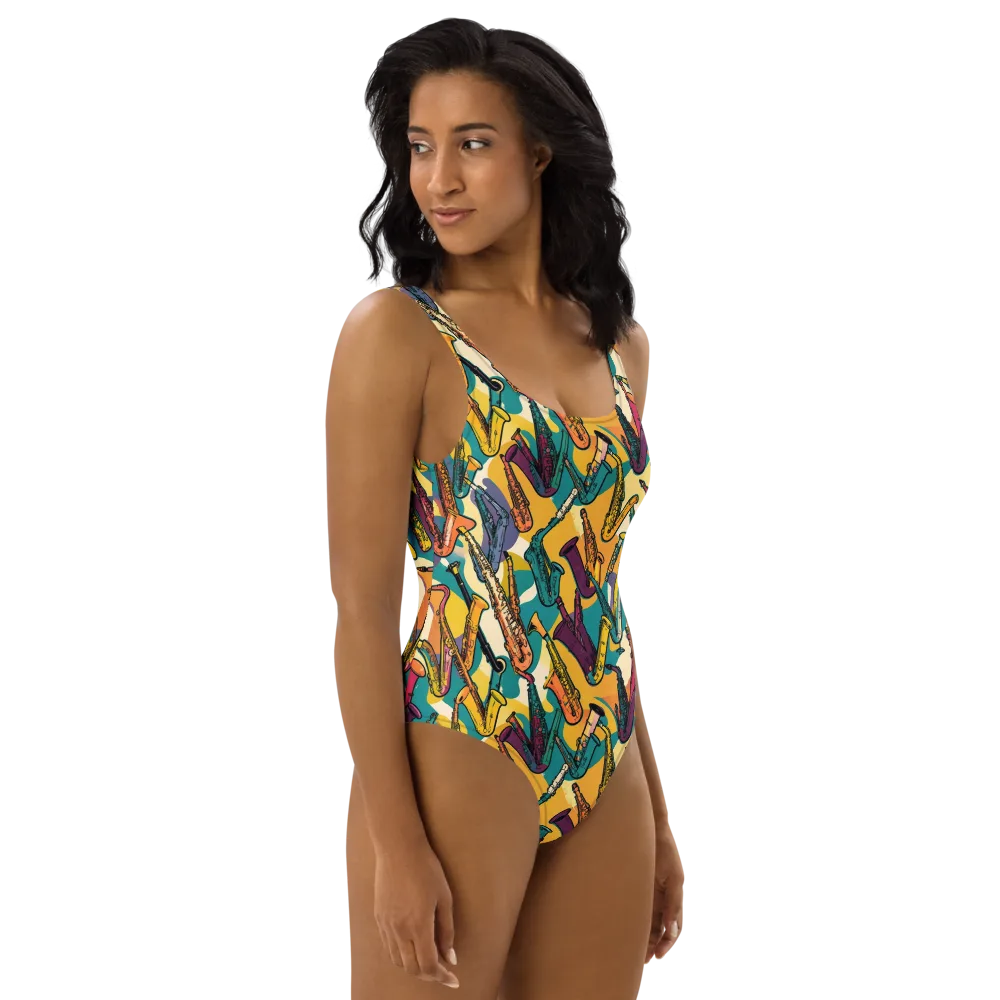Saxophone Parade on One-Piece Swimsuit — Right