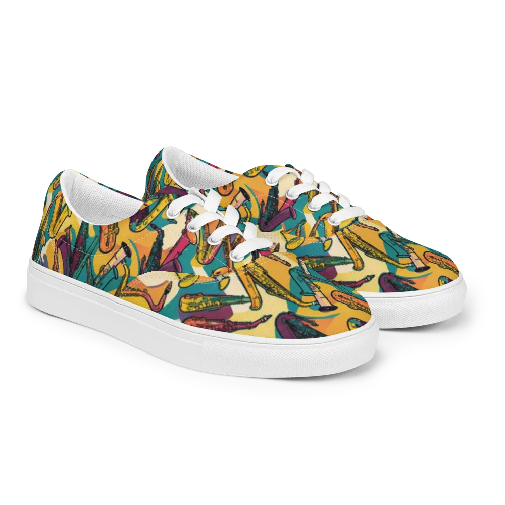 Saxophone Parade on Men's Lace-Up Canvas Shoes — Right Front