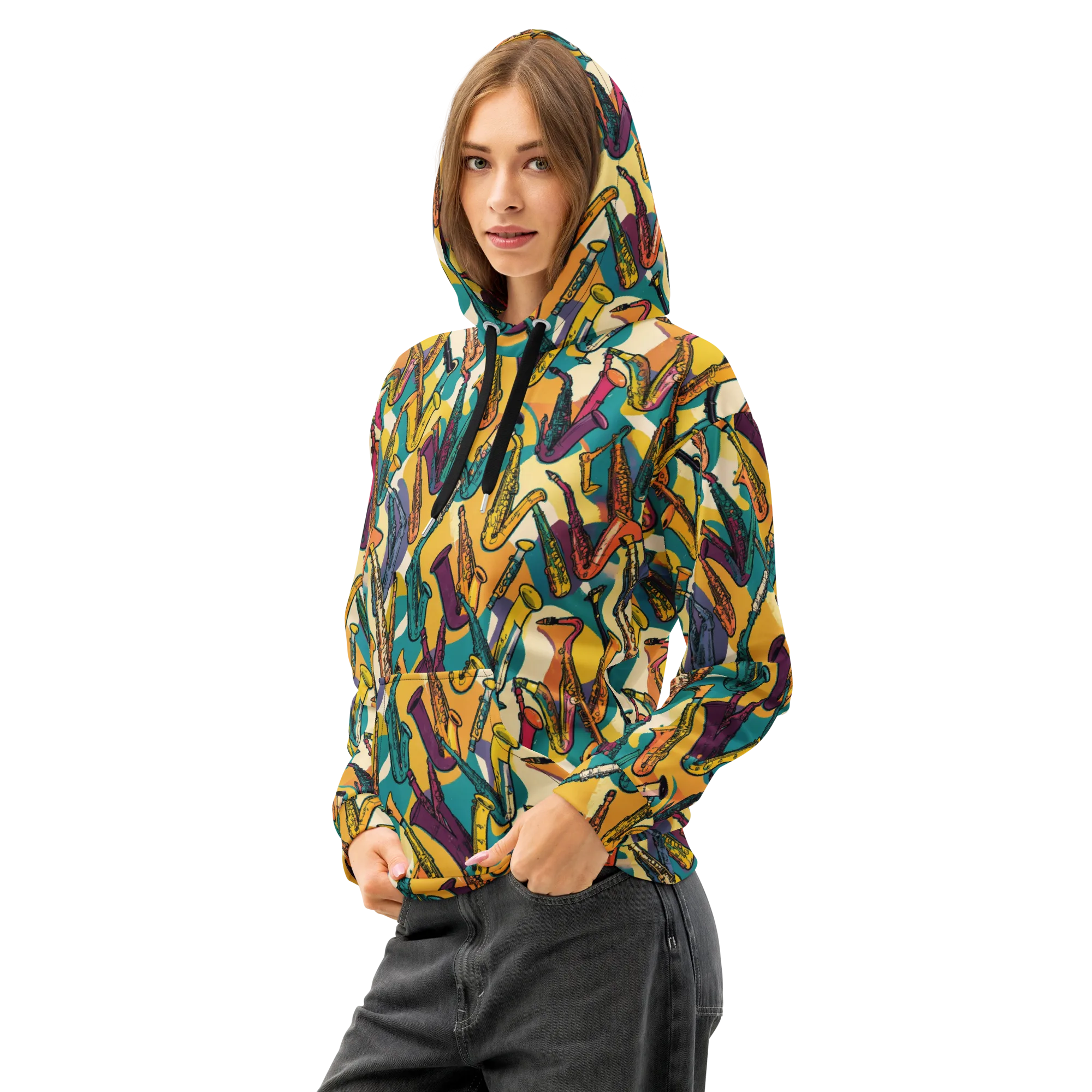 Saxophone Parade on Cotton Hoodie — Left Front