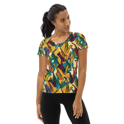 Saxophone Parade on a Women's Athletic T-Shirt
