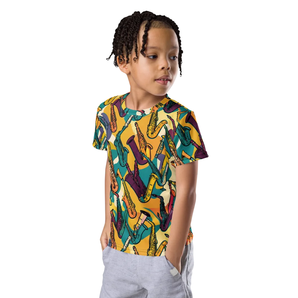 Saxophone Parade on Kids Crew Neck T-Shirt — Left Front
