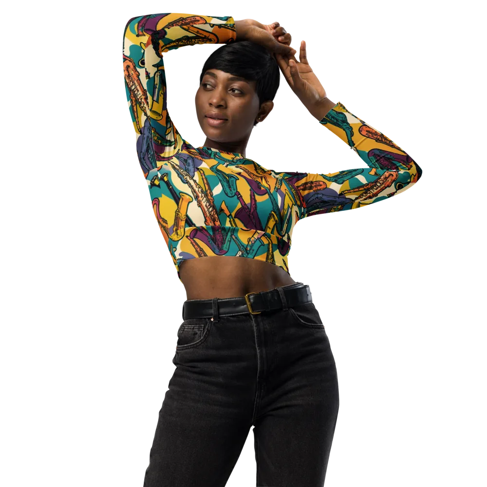 Saxophone Parade on Long Sleeve Crop Top — Front