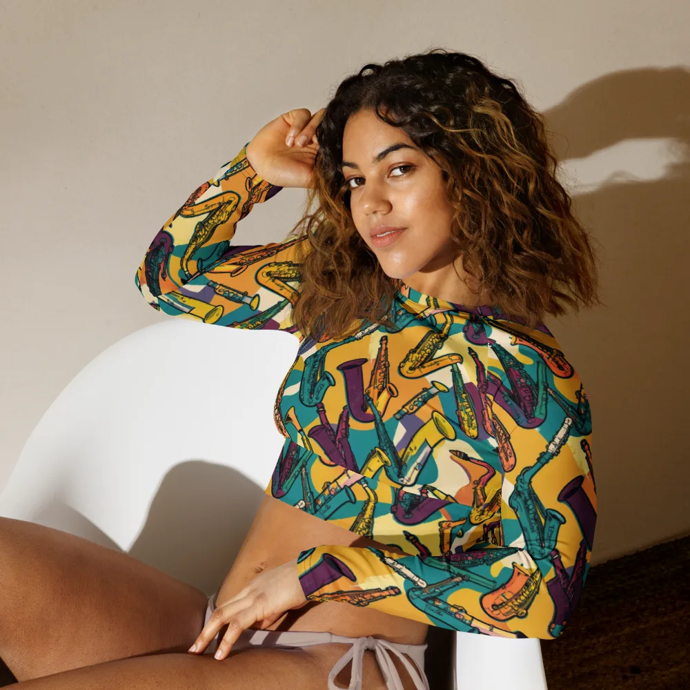 Saxophone Parade on Long Sleeve Crop Top — Left Front