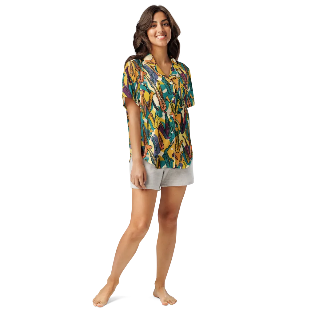 Saxophone Parade on Women's Short Sleeve Pajama Top — Front