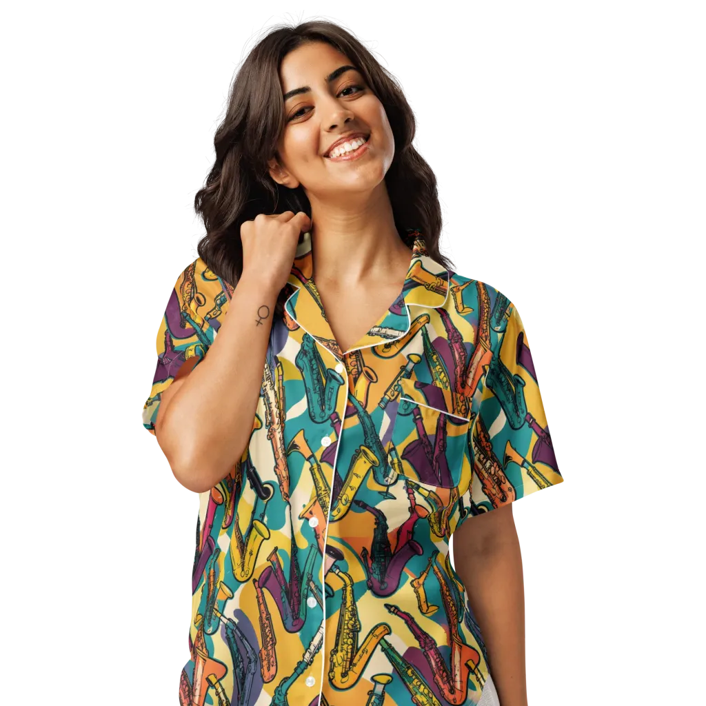 Saxophone Parade on Women's Short Sleeve Pajama Top — Front