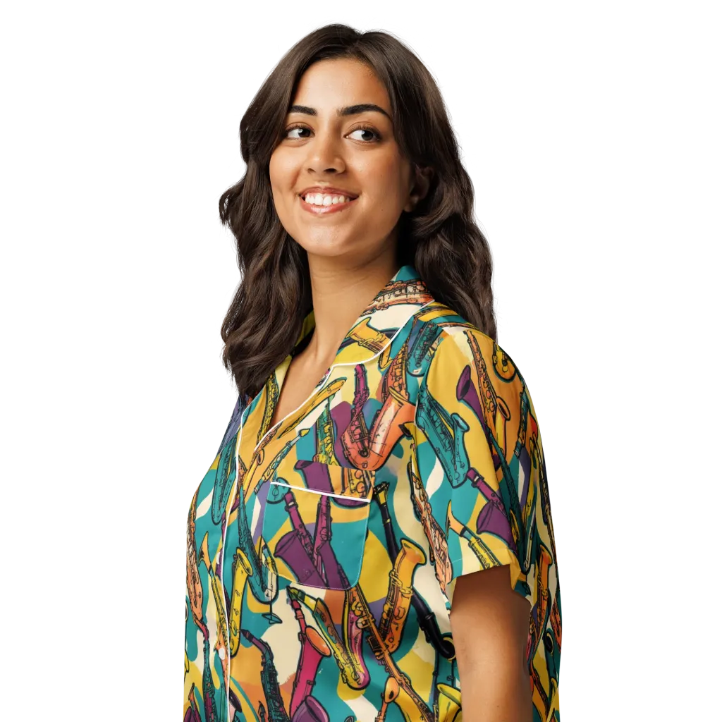 Saxophone Parade on Women's Short Sleeve Pajama Top — Left Front