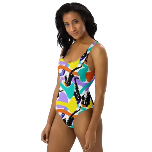 Neon Brass Parade on a One-Piece Swimsuit