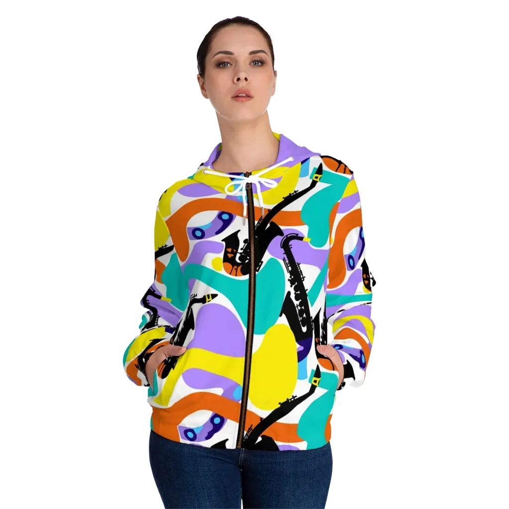 Neon Brass Parade on Women's Full-Zip Hoodie — Front On Person