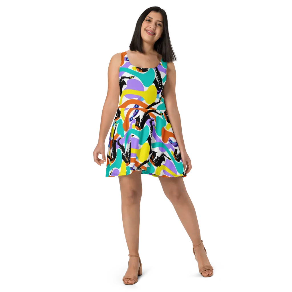 Neon Brass Parade on Skater Dress — Front
