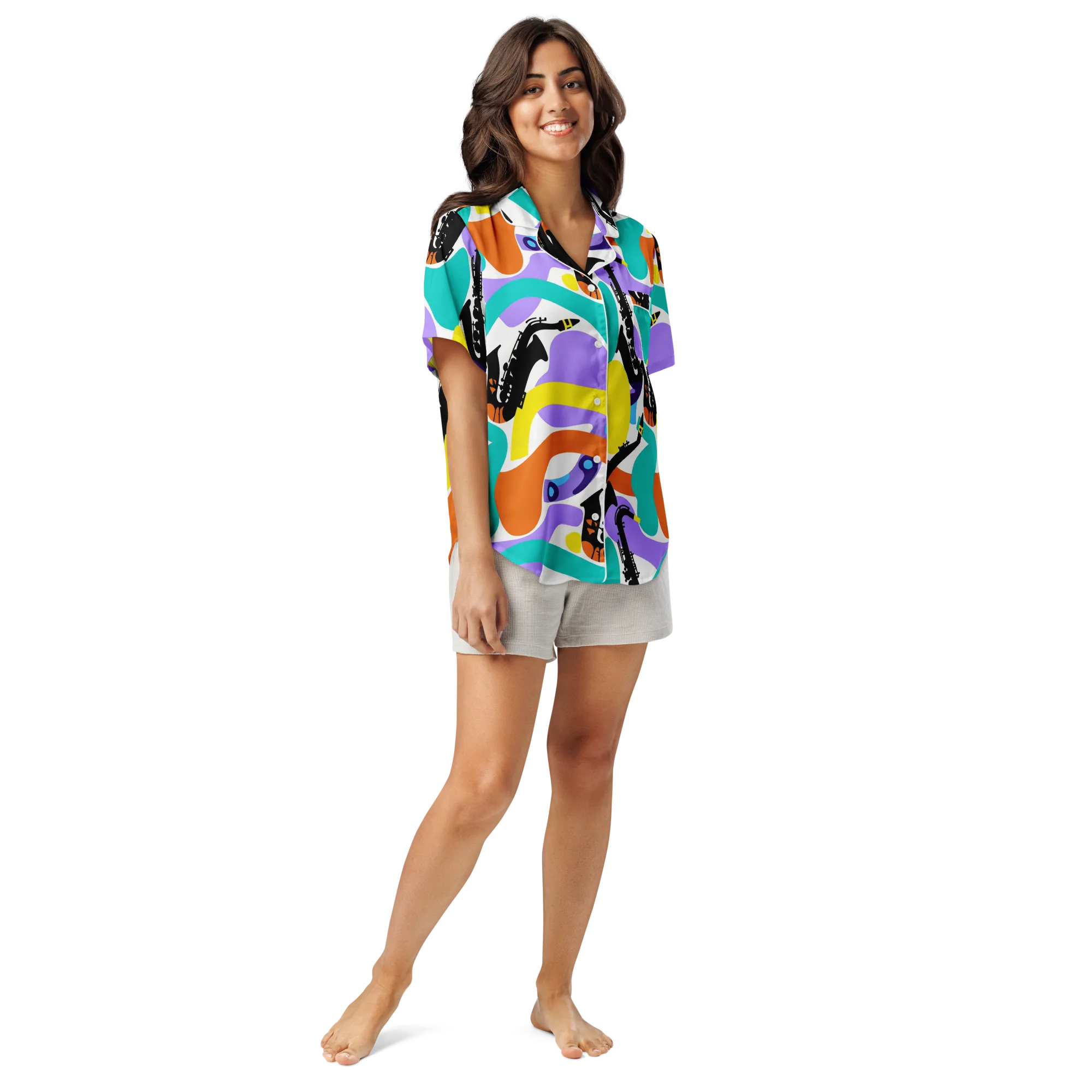 Neon Brass Parade on Women's Short Sleeve Pajama Top — Front