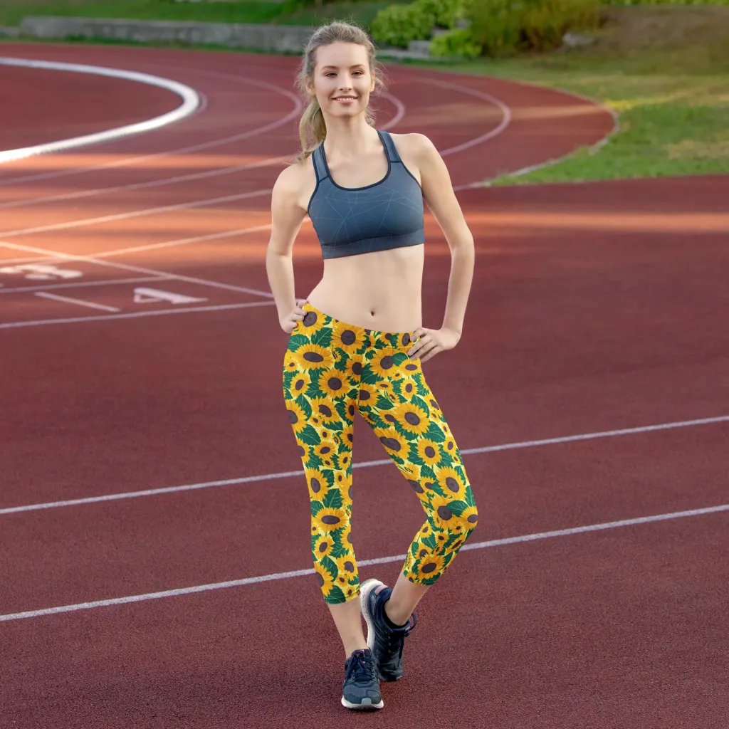 Sunlit Sunflower on Capri Leggings — Front