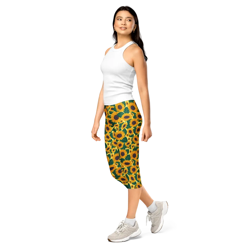 Sunlit Sunflower on Capri Leggings — Left Front