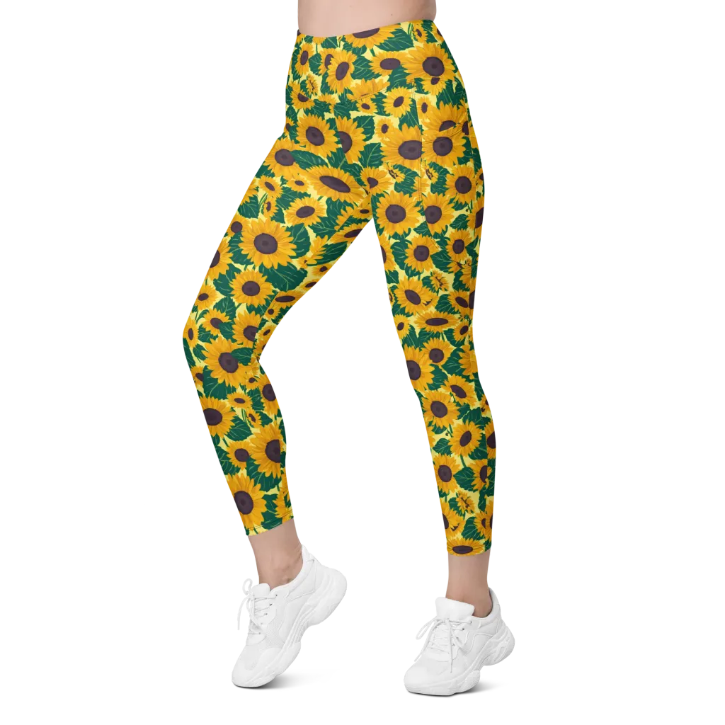 Sunlit Sunflower on Leggings with Pockets — Left Front