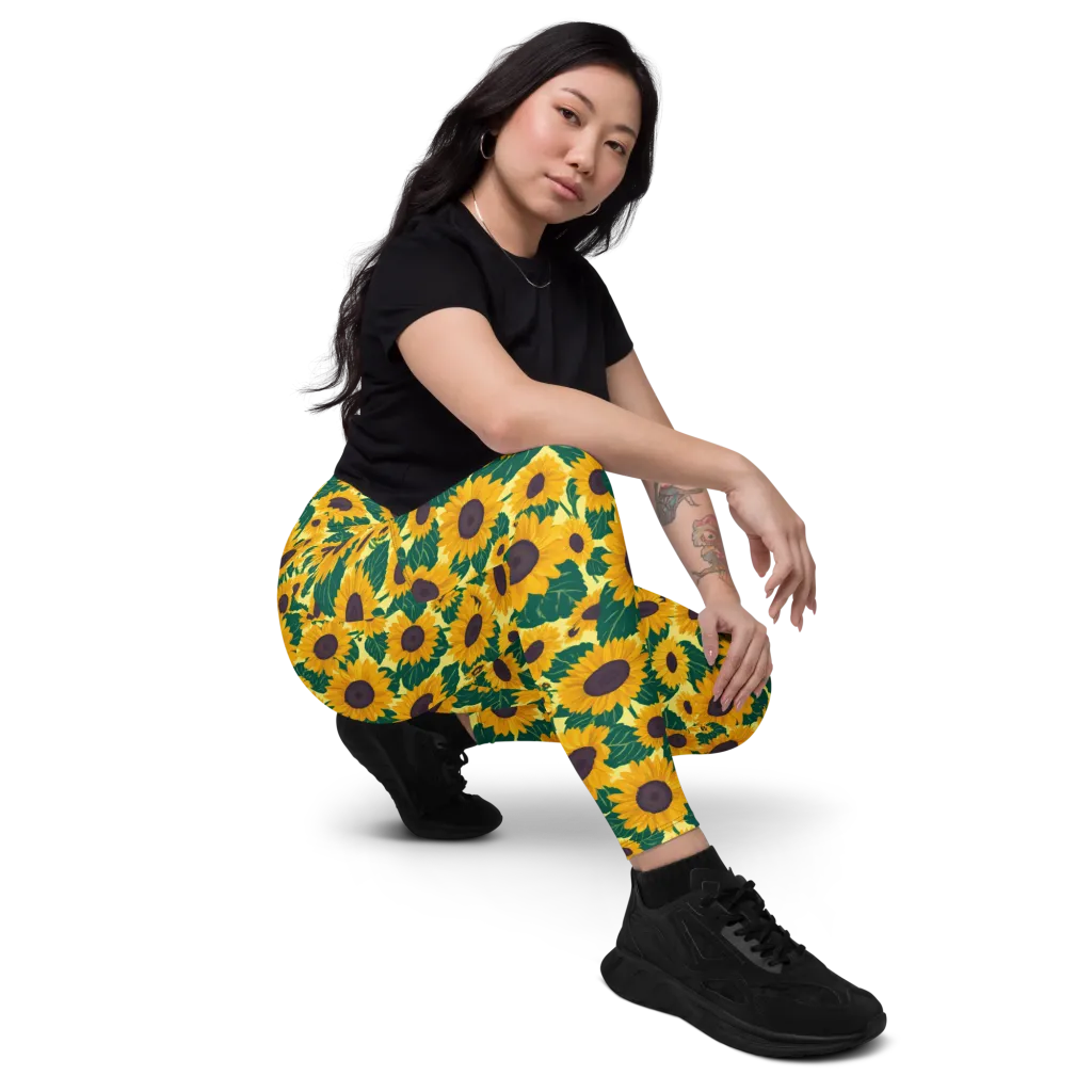 Sunlit Sunflower on Leggings with Pockets — Right Front