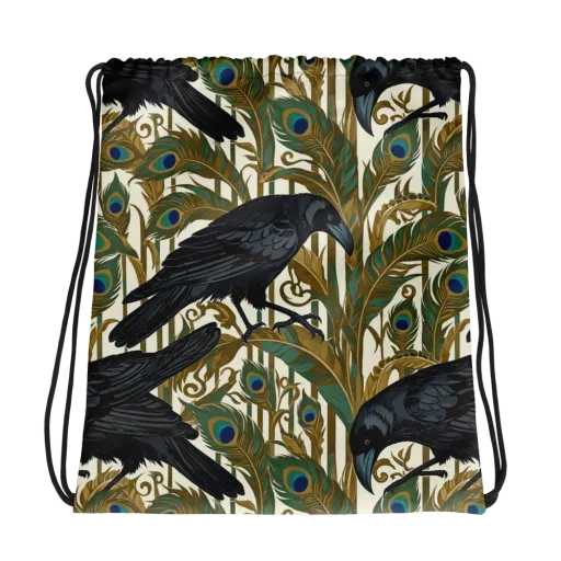 Raven Peacock Almanac on a Drawstring Bag