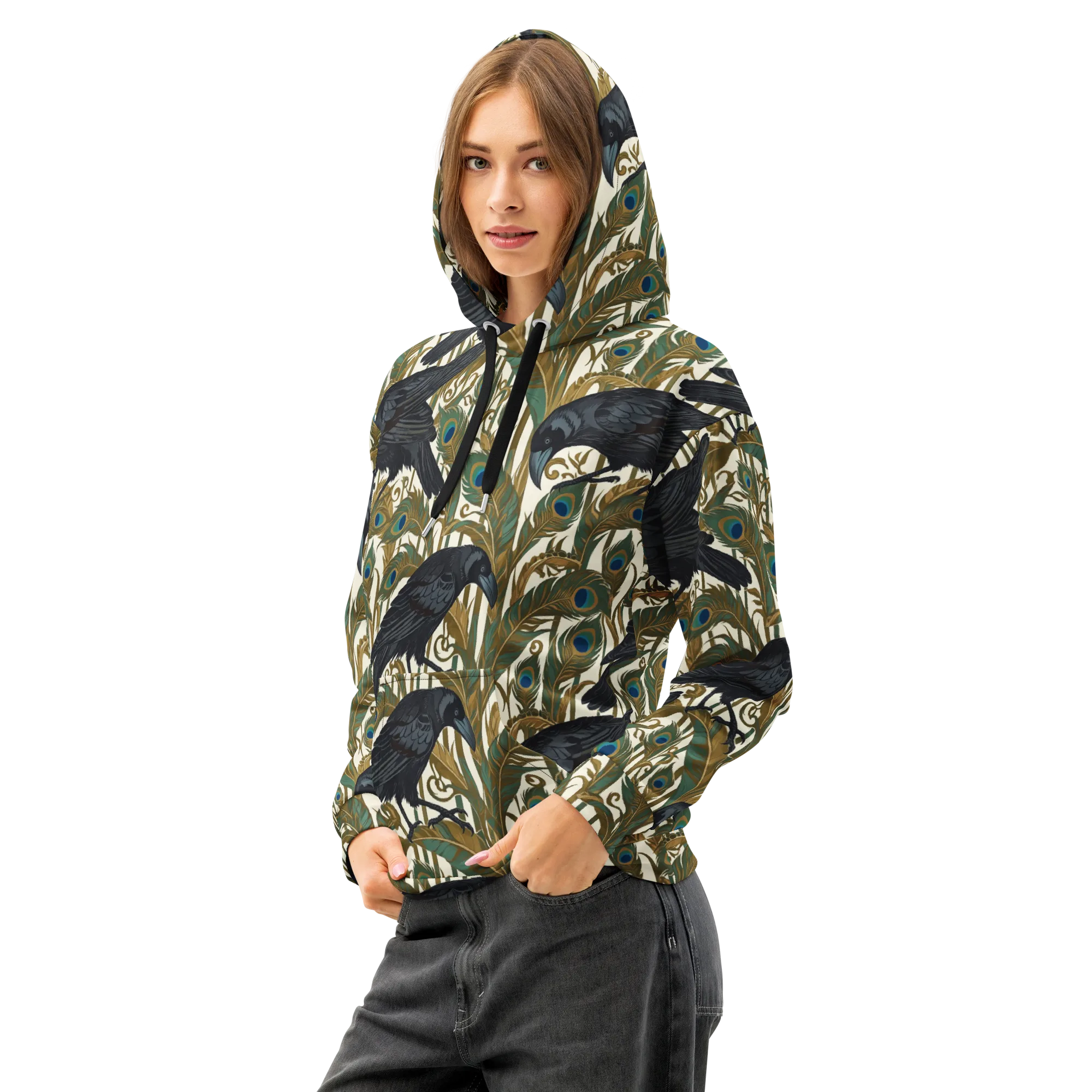 Raven Peacock Almanac on Cotton Hoodie — Left Front