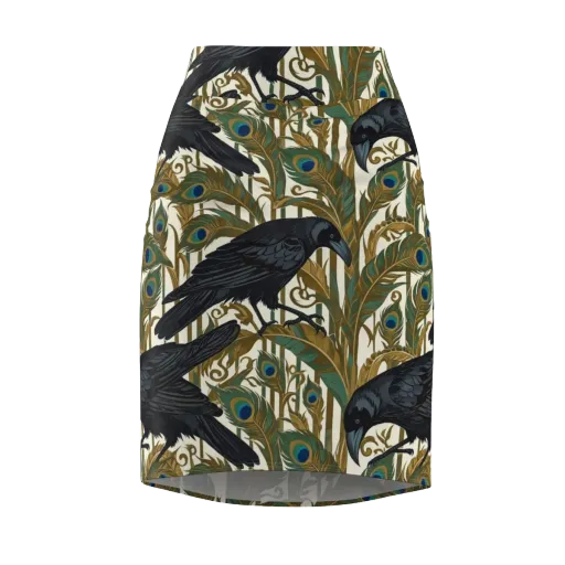 Raven Peacock Almanac on a Pencil Skirt