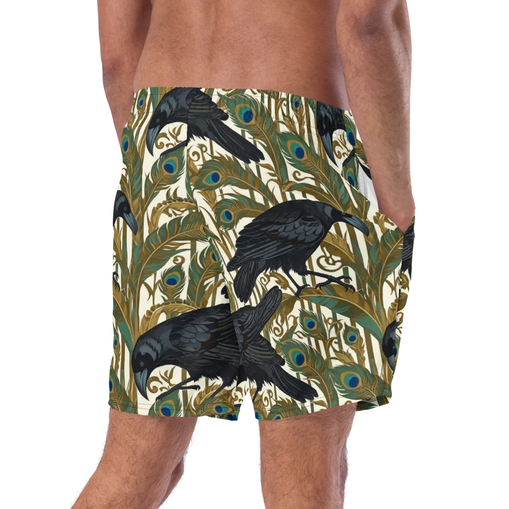 Raven Peacock Almanac on Swim Trunks — Right Back