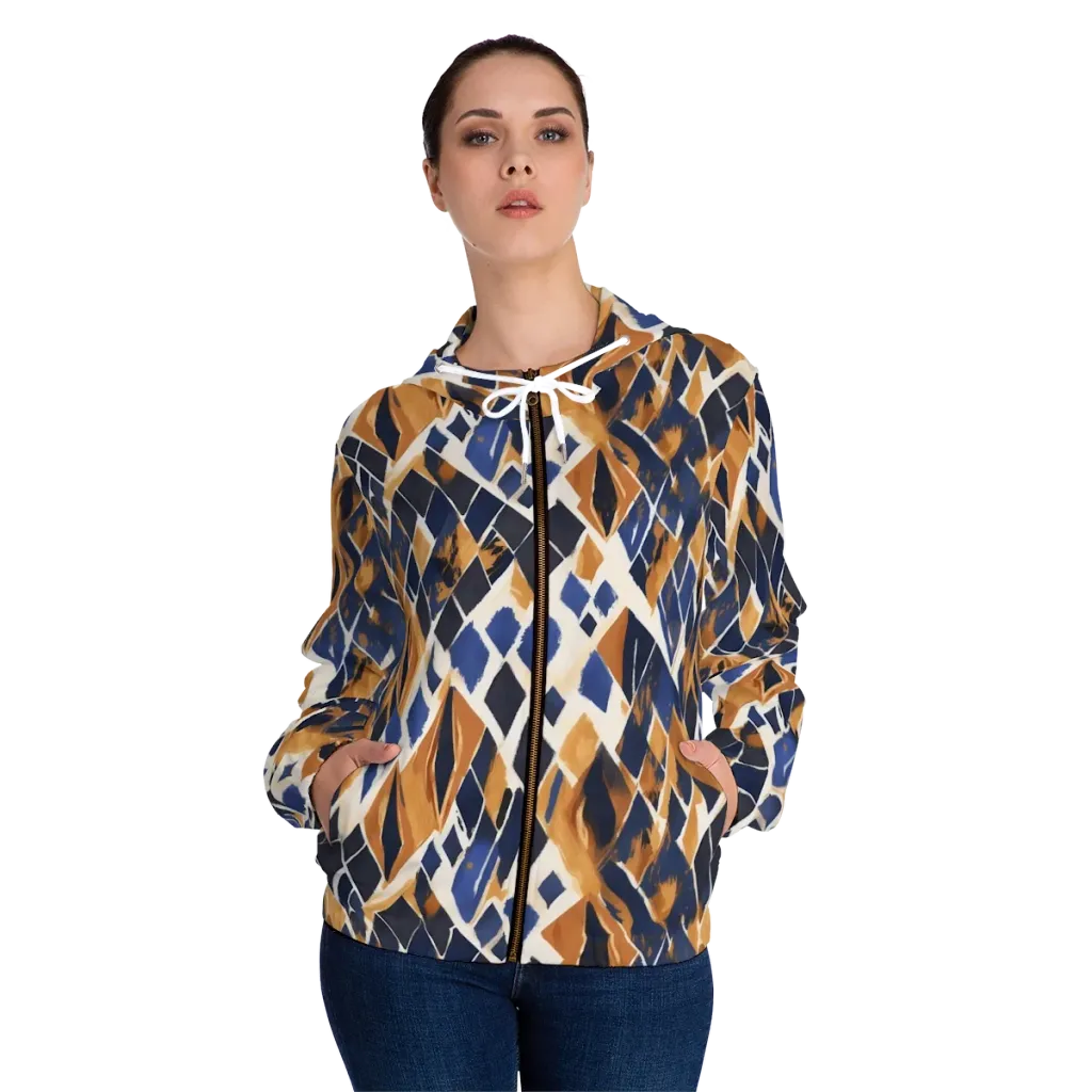 Cobalt Ember Argyle on Women's Full-Zip Hoodie — Front On Person