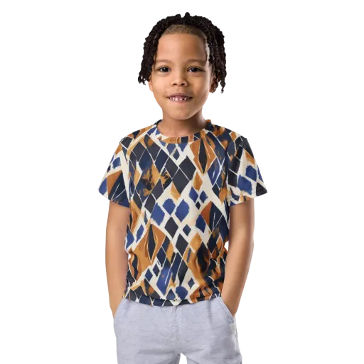 Cobalt Ember Argyle on a Kids Crew Neck T-Shirt