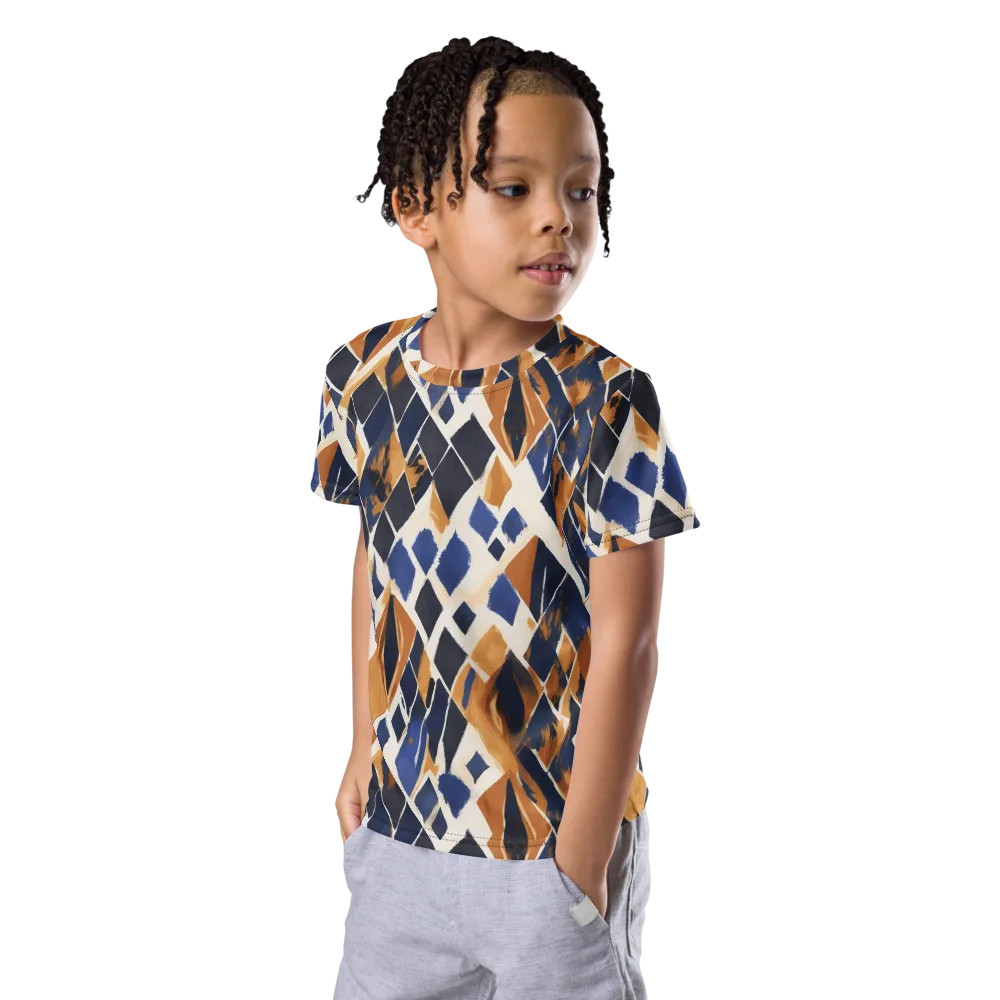 Cobalt Ember Argyle on Kids Crew Neck T-Shirt — Left Front