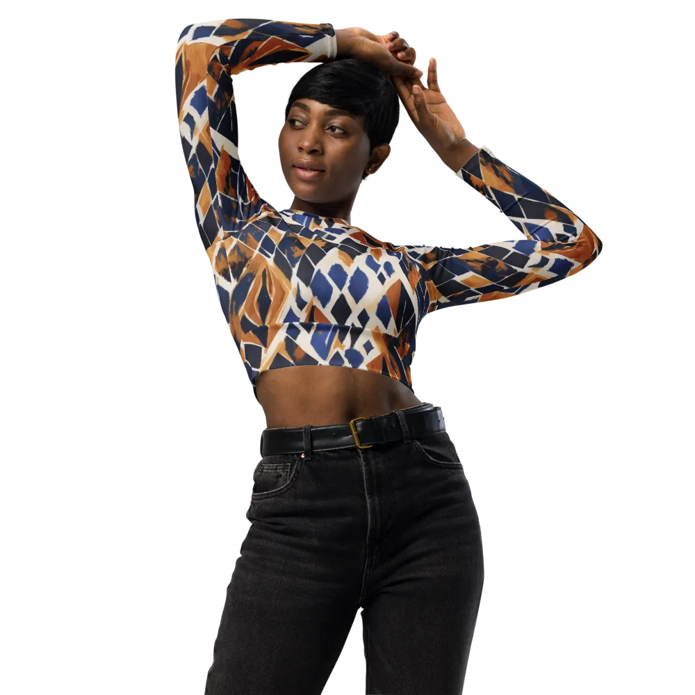 Cobalt Ember Argyle on Long Sleeve Crop Top — Front