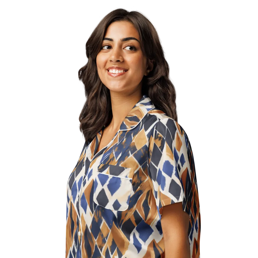 Cobalt Ember Argyle on Women's Short Sleeve Pajama Top — Left Front