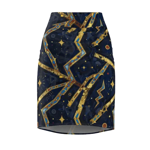 Astral Gilded Circuit on a Pencil Skirt