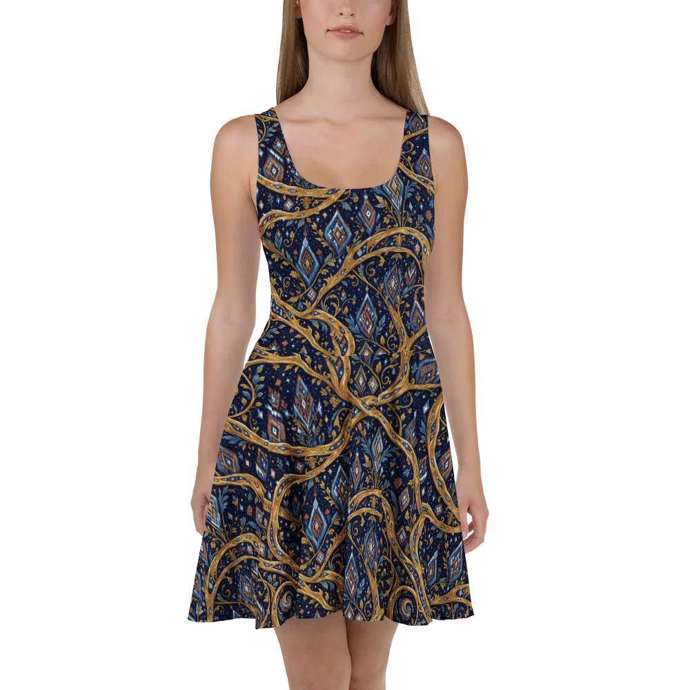 Midnight Gilded Vine on Skater Dress — Front