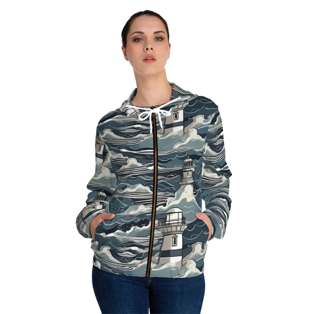 Beacon in the Blue on Women's Full-Zip Hoodie — Front On Person