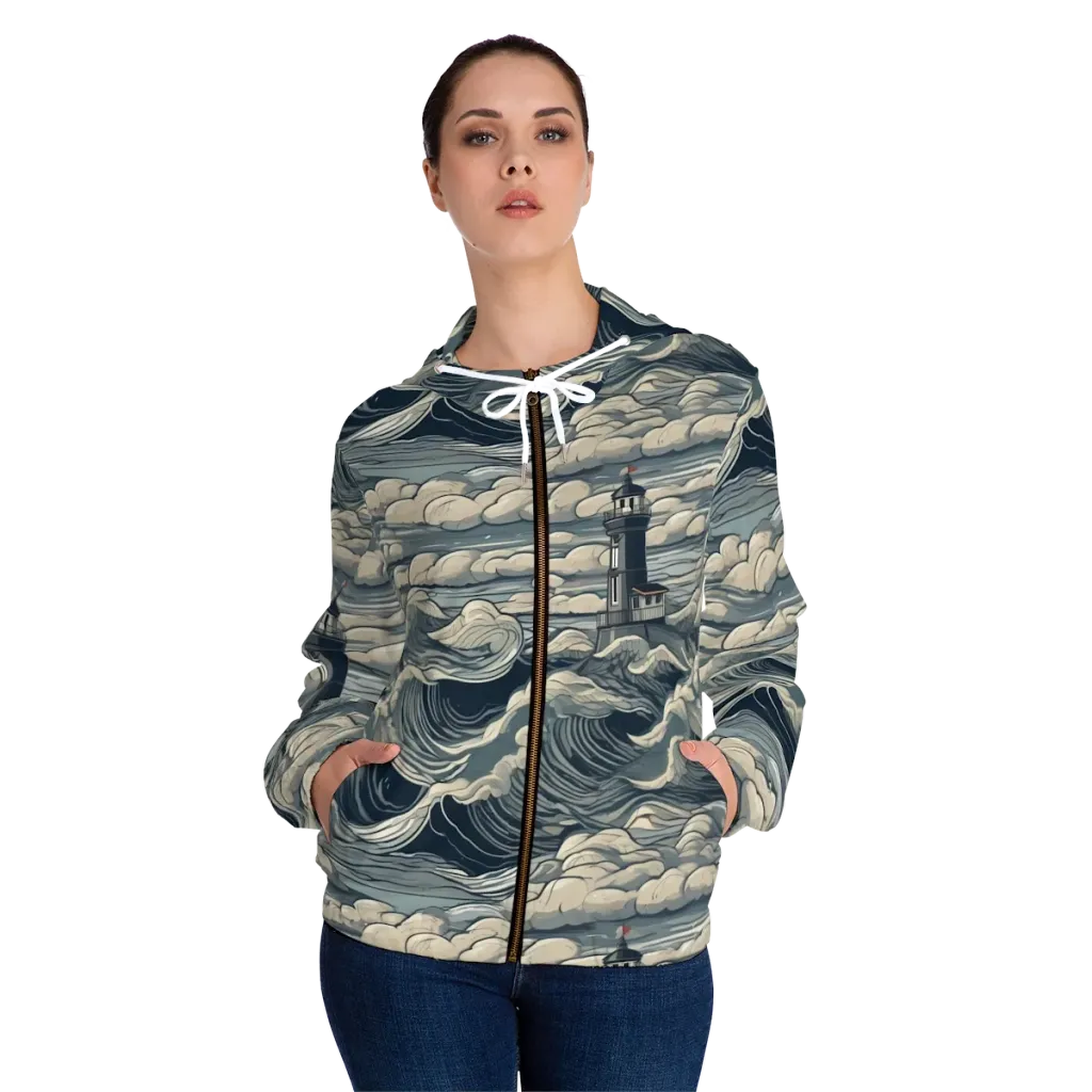 Stormwatch Lighthouse on Women's Full-Zip Hoodie — Front On Person