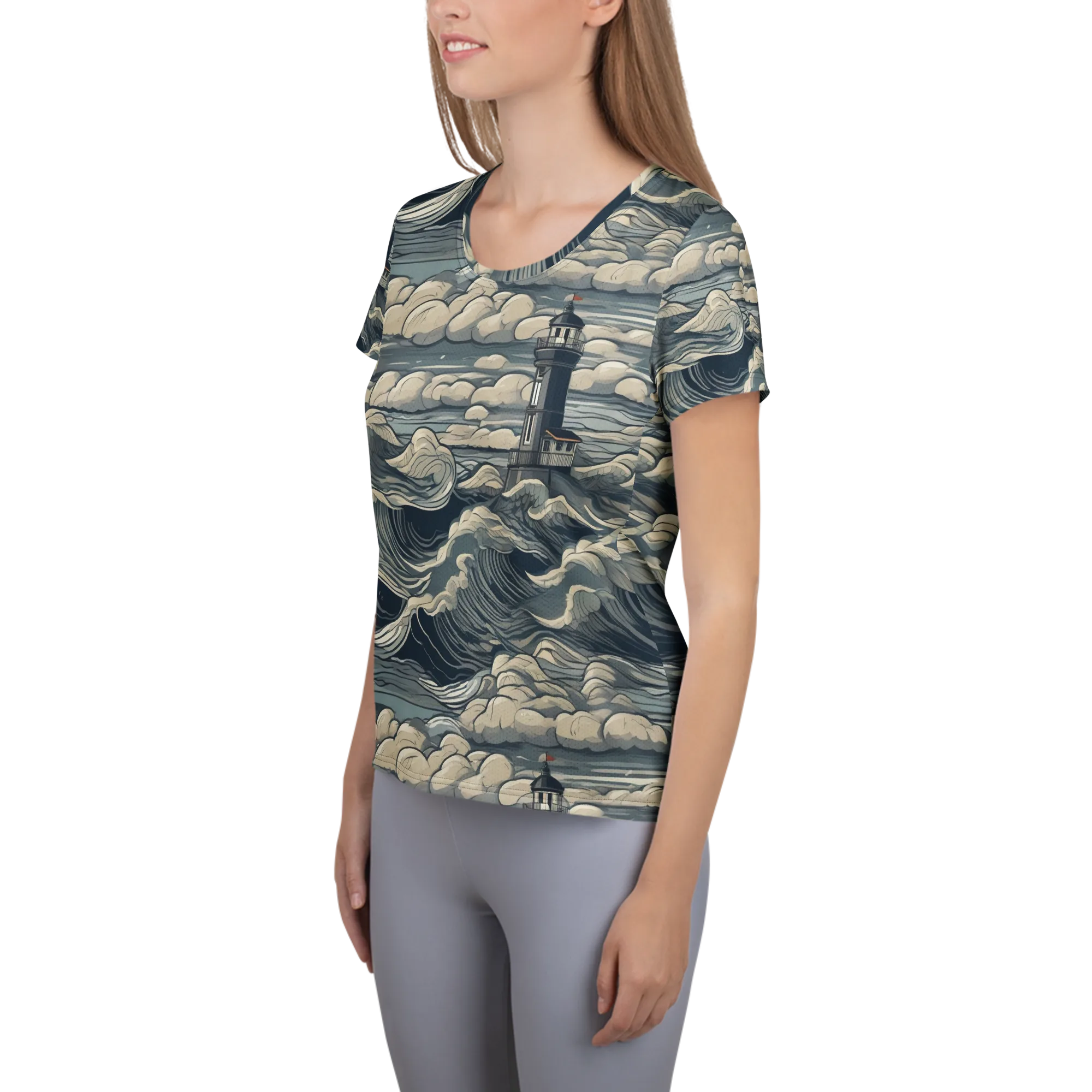 Stormwatch Lighthouse on Women's Athletic T-Shirt — Left